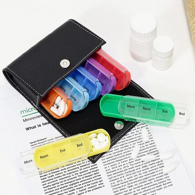 Pill Organizer Box Cute Travel Weekly Pill Box Medication Reminder Daily AM PM, Day Night 7 Compartments-Includes Black Leather